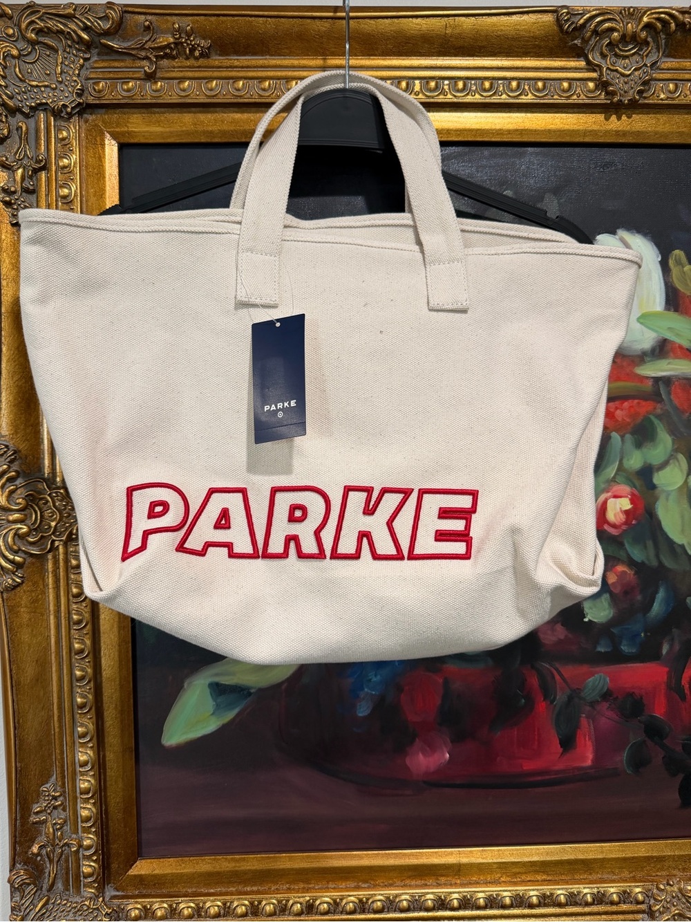Parker Cream Canvas Tote with Red Embroidered Logo